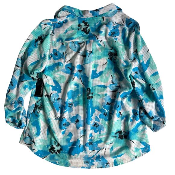 Kim Rogers Floral Button Front Blouse XL Blue White Roll Sleeve NWT - Picture 7 of 10